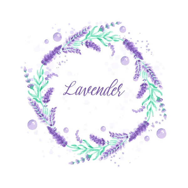 Lavendel krans. Akvarell imitation design med färg stänk vektor illustration Provence stil. Kort med blom element. Violett blomma ritning för gratulationskort, inbjudningar bröllop — Stock vektor