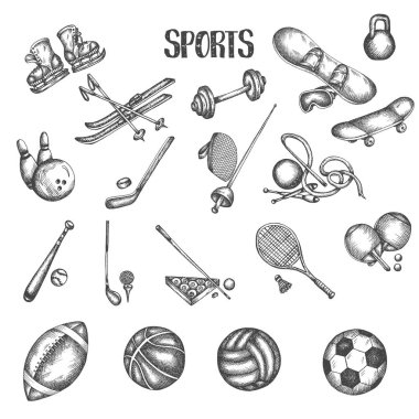 Spor Vintage el çizilmiş vektör çizimler. Spor ve fitness Doodle seti. Retro tarzında retro tarzı euipment kroki simgeleri kroki simgeler Gym araçları, futbol, futbol, tenis