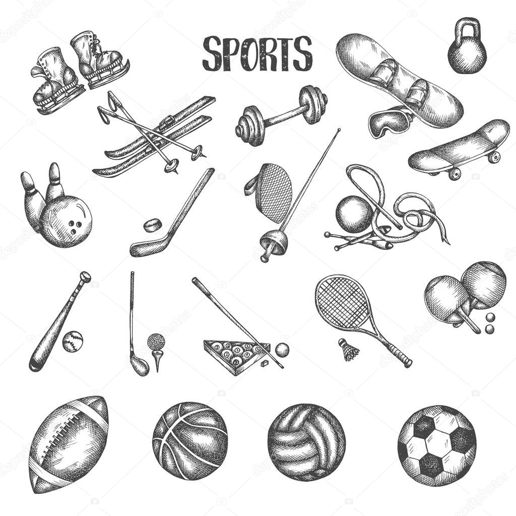 Sports vintage hand drawn vector illustrations. Sport and fitness doodle set. Sketch icons in retro style Euipment sketch icons in retro style Gym tools, football, soccer, tenis
