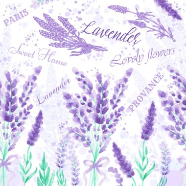 Boya sıçramaları ile Lavanta dikişsiz desen Suluboya taklit tasarım Çiçek baskı Vektör illüstrasyon Provence tarzı Purpule aromatik çiçekler Arka plan metin ile