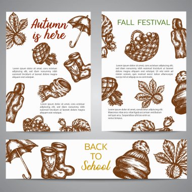 Sonbahar sembolleri Sketch vektör karalama el çizilmiş vektör ile afiş broşür seti. Sonbahar illustartion