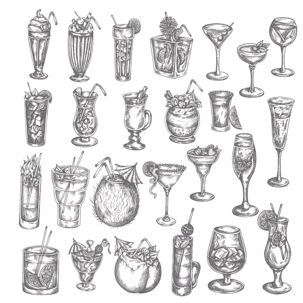 Cocktails dessinés à la main grand ensemble Croquis de boissons alcoolisées dans des verres Icône Cocktails dans un style vintage. Elemnets pour menu, bar, restaurant. Style gravé — Image vectorielle