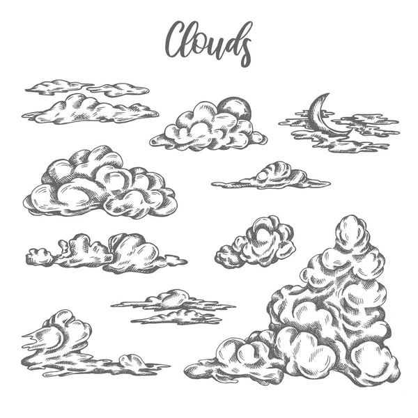 Set of clouds in hand drawn vintage retro stílus elszigetelt fehér háttér Retro vázlat az ég Vektor Grafikák