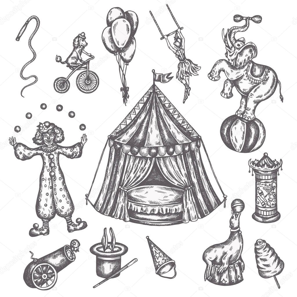 Circus vintage icons set. Hand drawn sketch of animals and amusement Vector illustrations