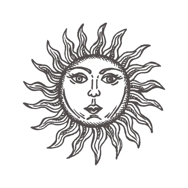 Nap arca stilizált gravírozás Kézzel rajzolt Vektor asztrológia szimbólum Stock Vektor