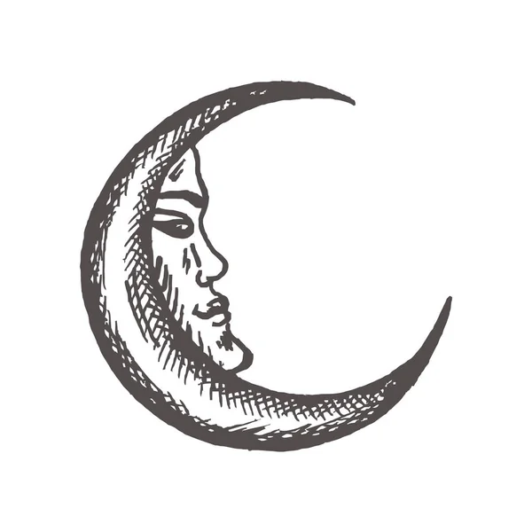 Luna creciente en estilo antiguo Ilustración vectorial dibujada a mano Signo místico vintage — Vector de stock