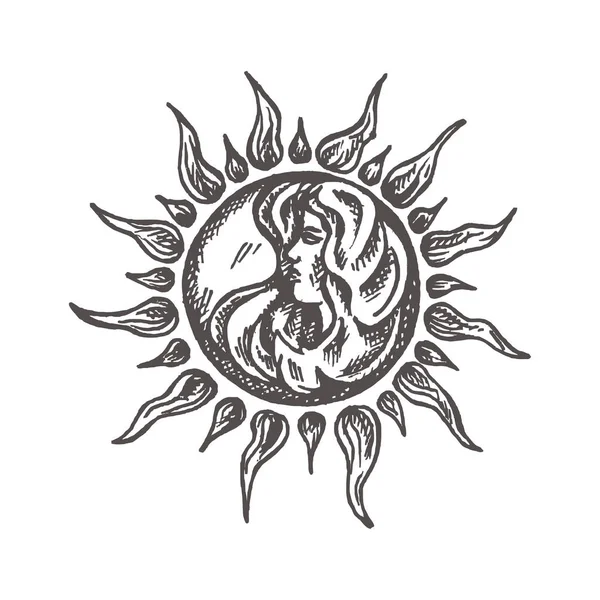 Sol com rosto estilizado como gravura Mão desenhado Vector símbolo astrologia —  Vetores de Stock