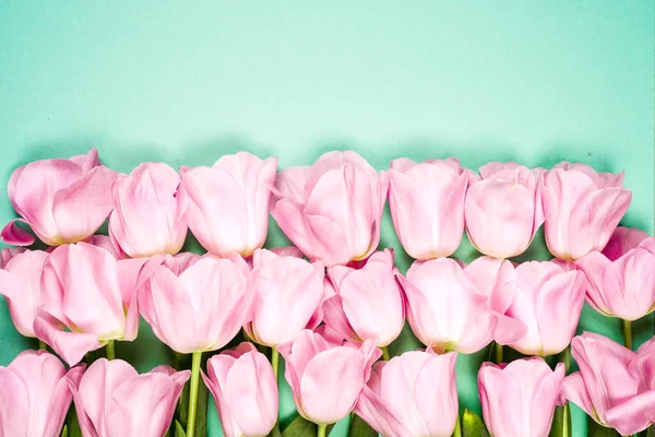 Primavera fiori banner - mazzo di fiori di tulipano rosa su sfondo cielo blu . — Foto Stock
