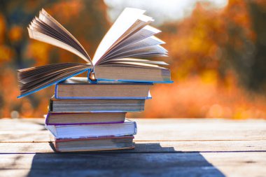 Doğal arka planda tahta masa üzerine açık bir kitap. Tonlanmış görüntü. Yumuşak odak