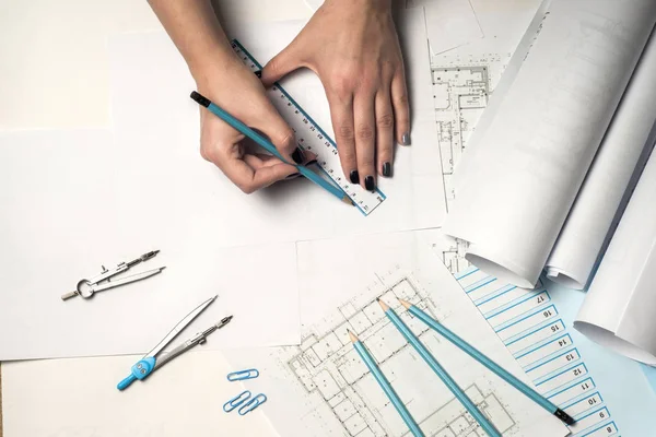 Architect working on blueprint. — Stock Photo, Image