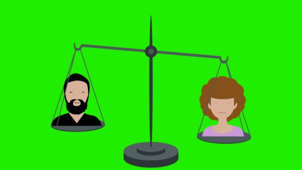 男性と女性の両方の緑色の画面のスケールで等しい重量 — ストック動画