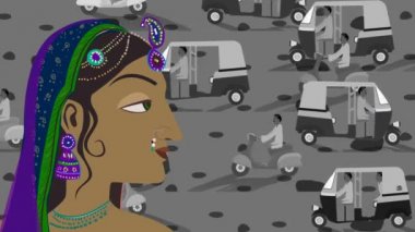 Yoğun bir cadde trafiği ve geleneksel Hint Hindu kadın