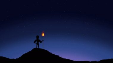 Gece vektör animasyon, bir tepe üzerinde bir meşale tutan adam