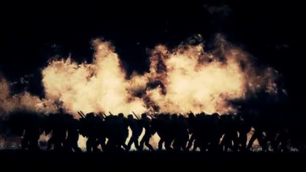 军队的骑士游行在一个巨大的火灾背景 — 图库视频影像