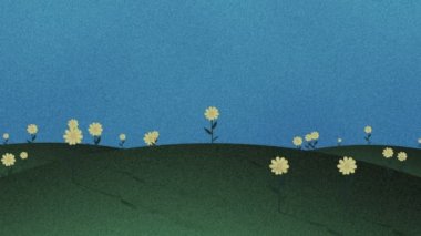Kesme çim tepeler ve çiçekler Retro çizgi film arka plan