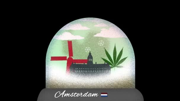 Amsterdam Snow Globe Animación Dibujos Animados Bucle Sin Costuras — Vídeos de Stock