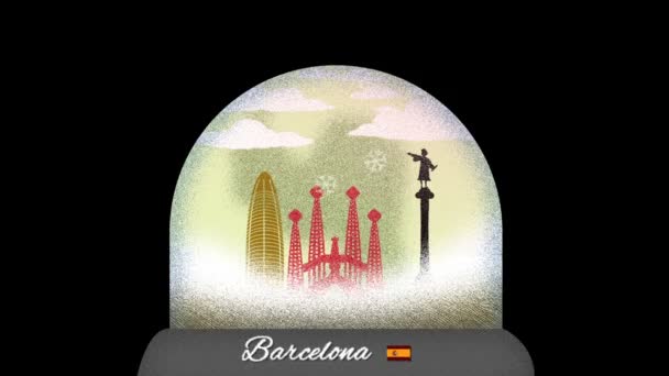 Animación Dibujos Animados Barcelona Snow Globe Seamless Loop — Vídeo de stock