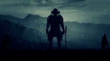 Tam zırh ile Samurai Lord savaş için bir kar altında hazırlanıyor