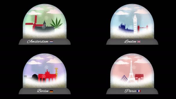 ヨーロッパの首都の雪玉の束 — ストック動画