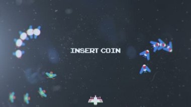 Eski uzay gemisi Video Oyun Ekranı bir Ekleme Sikke Metin Yanıp sönen