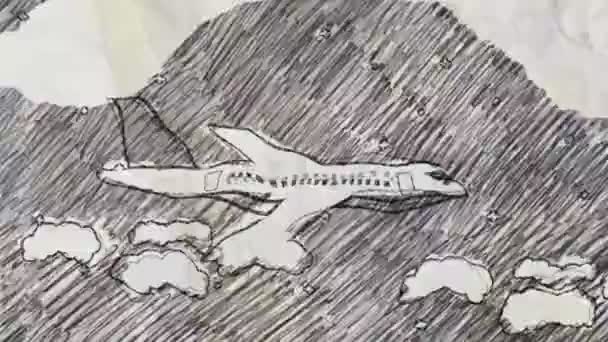 Kalem Çizim Stilinde Uçan Uçak Krokisi — Stok video