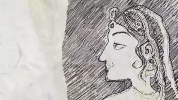 Bosquejo Una Cara Tradicional Mujer India Estilo Dibujo Lápiz — Vídeo de stock