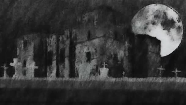 可怕的城堡坟场和满月 — 图库视频影像