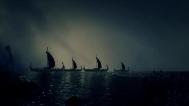 Şimşek Fırtınası Altında Viking Gemisi Filosu — Stok video