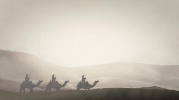 Аравійські Воїни Аравійській Пустелі Верхи Верблюдах — стокове відео
