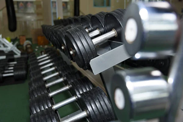 sports dumbbells on the rack in the gym