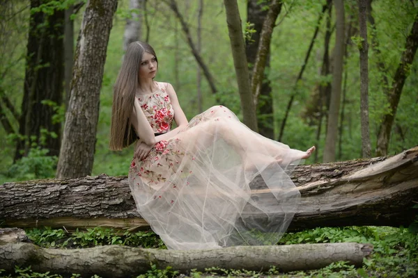 Schöne Mädchen Einem Weißen Kleid Wald — Stockfoto