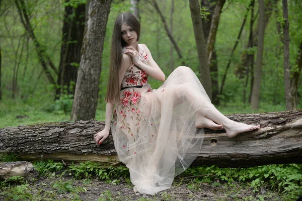 Piękna Dziewczyna Białej Sukience Lesie — Zdjęcie stockowe