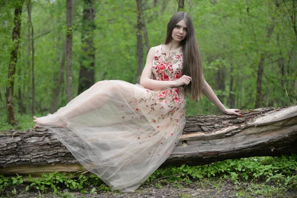 Schöne Mädchen Einem Weißen Kleid Wald — Stockfoto