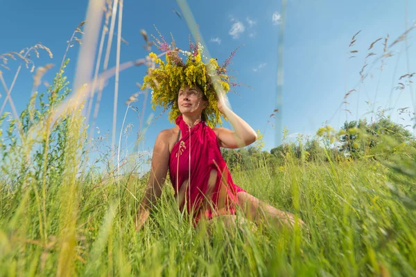 草原の花の中で少女 — ストック写真