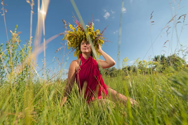 Flicka Bland Blommorna Ängen — Stockfoto