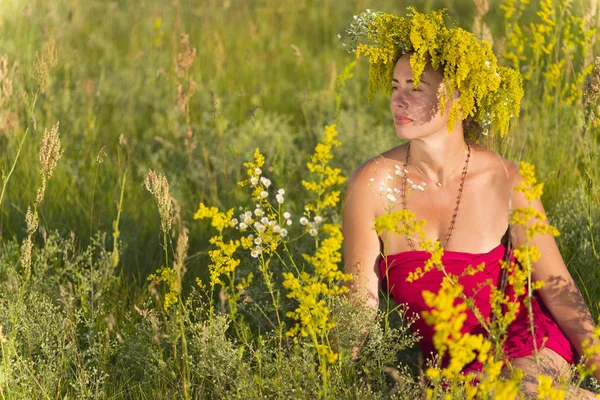 Flicka Bland Blommorna Ängen — Stockfoto