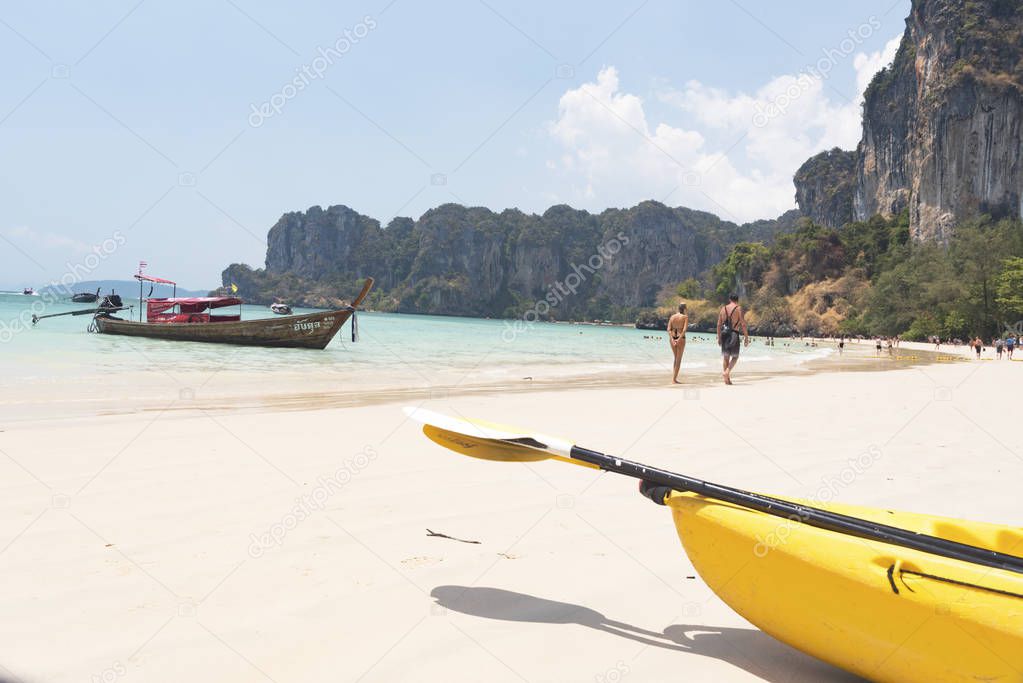 Kayaks on the beach. Ao Nang, Krabi, Thailand March 2019