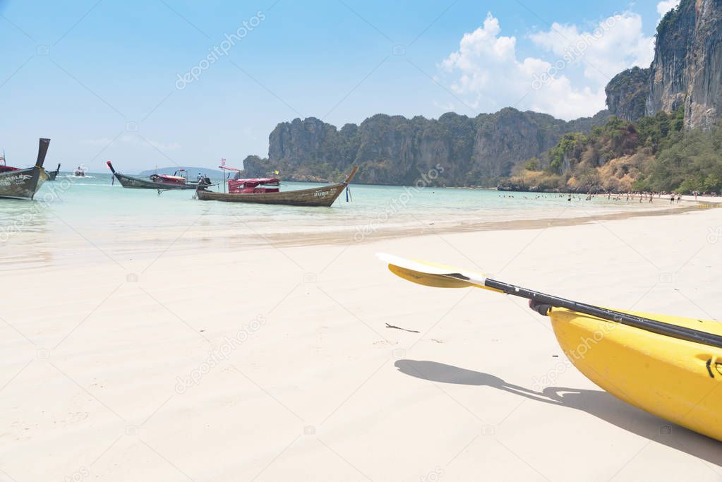 Kayaks on the beach. Ao Nang, Krabi, Thailand March 2019