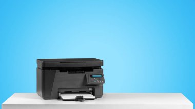 Printer copier machine on bright blue background clipart