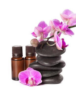 Zen stone ve beyaz arka plan üzerinde Orkide