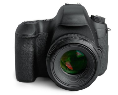 Siyah dslr kamera beyaz arkaplanda izole edildi