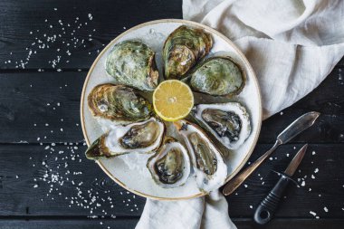 Plaka üzerinde ıslak istiridye limon ile açıldı