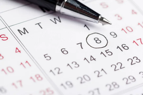 Closeup Dates Calendar Page Pen — Stock Photo, Image