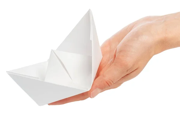 Papieru Origami Statek Ręce Kobiece Kobieta Białym Tle — Zdjęcie stockowe