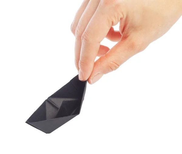 Origami Kağıt Gemi Beyaz Arka Plan Üzerinde Kadın Elinde — Stok fotoğraf