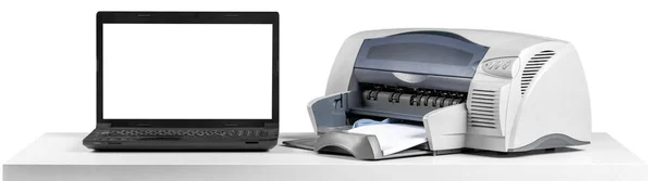 Impressora Mesa Escritório Laptop Fundo Branco — Fotografia de Stock
