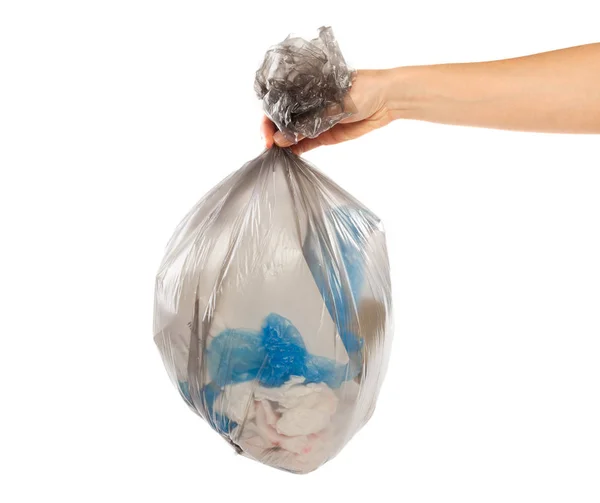 Γυναίκα Χέρι Που Κρατά Σακούλα Σκουπιδιών Που Απομονώνονται Λευκό Φόντο — Φωτογραφία Αρχείου