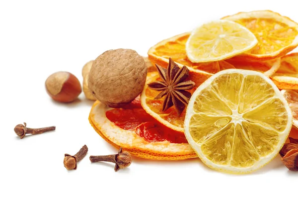 Detailoverzicht Van Gedroogde Citrusvruchten Geïsoleerd Wit — Stockfoto