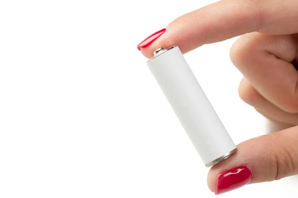 Batterien Frauenhand Isoliert Auf Weißem Hintergrund — Stockfoto