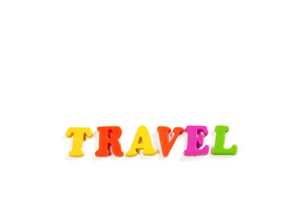 Letras Coloridas Alfabeto Brinquedo Viagem Palavra Fundo Branco — Fotografia de Stock